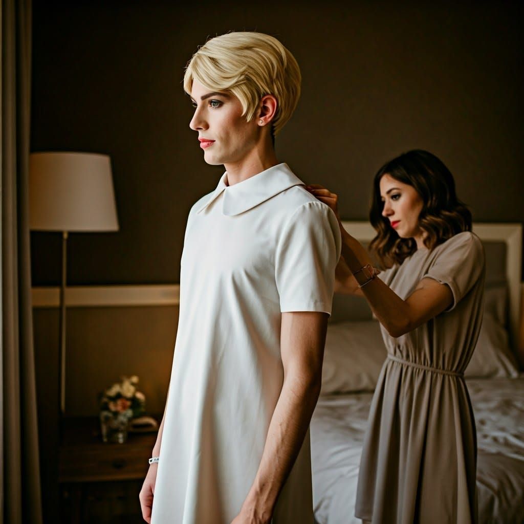 Feminine Guy in Minidress Receives Fashion Assistance