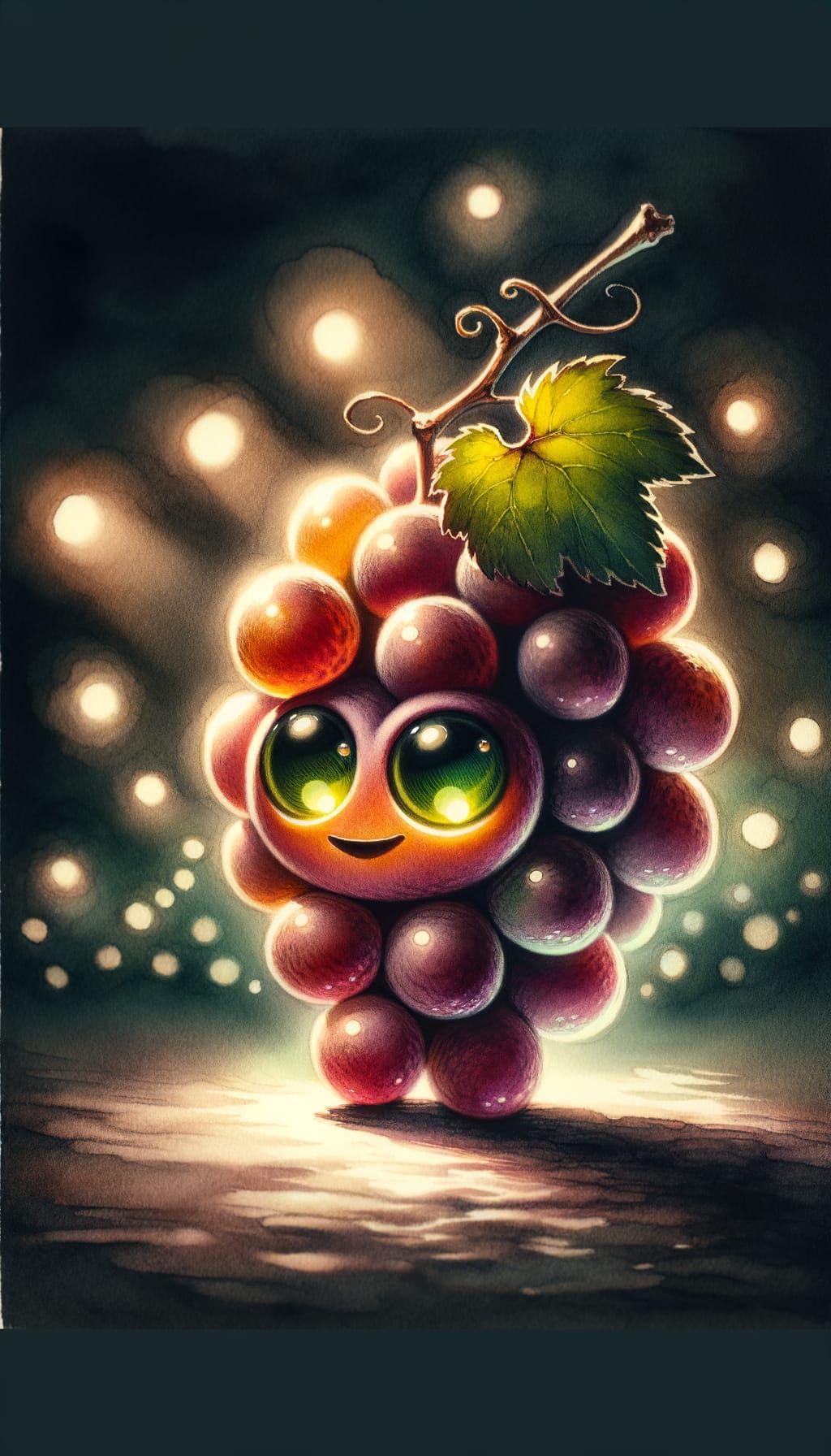 Eerie Grape Character with Bokeh, in Watercolor Style