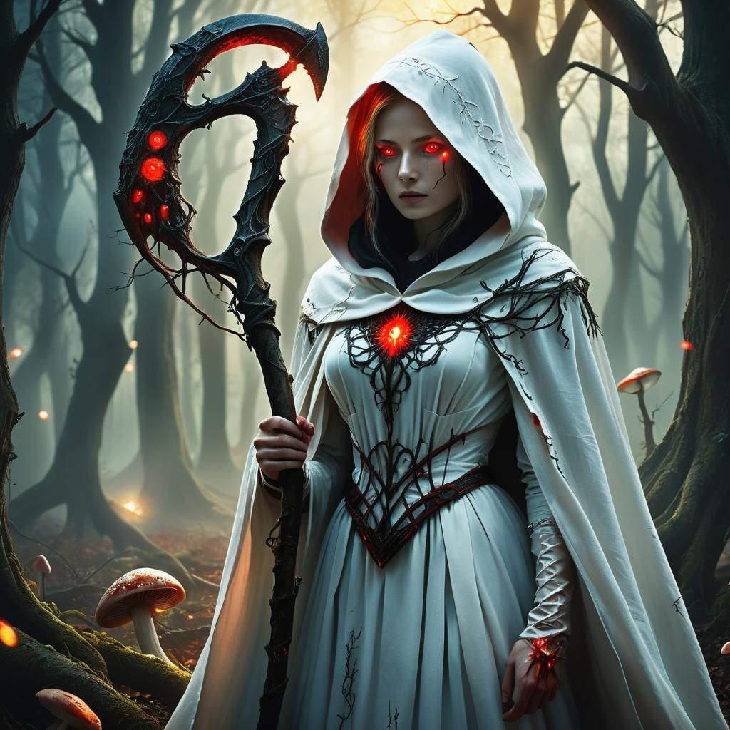 Gothic Fantasy Woman with Scythe in Forest