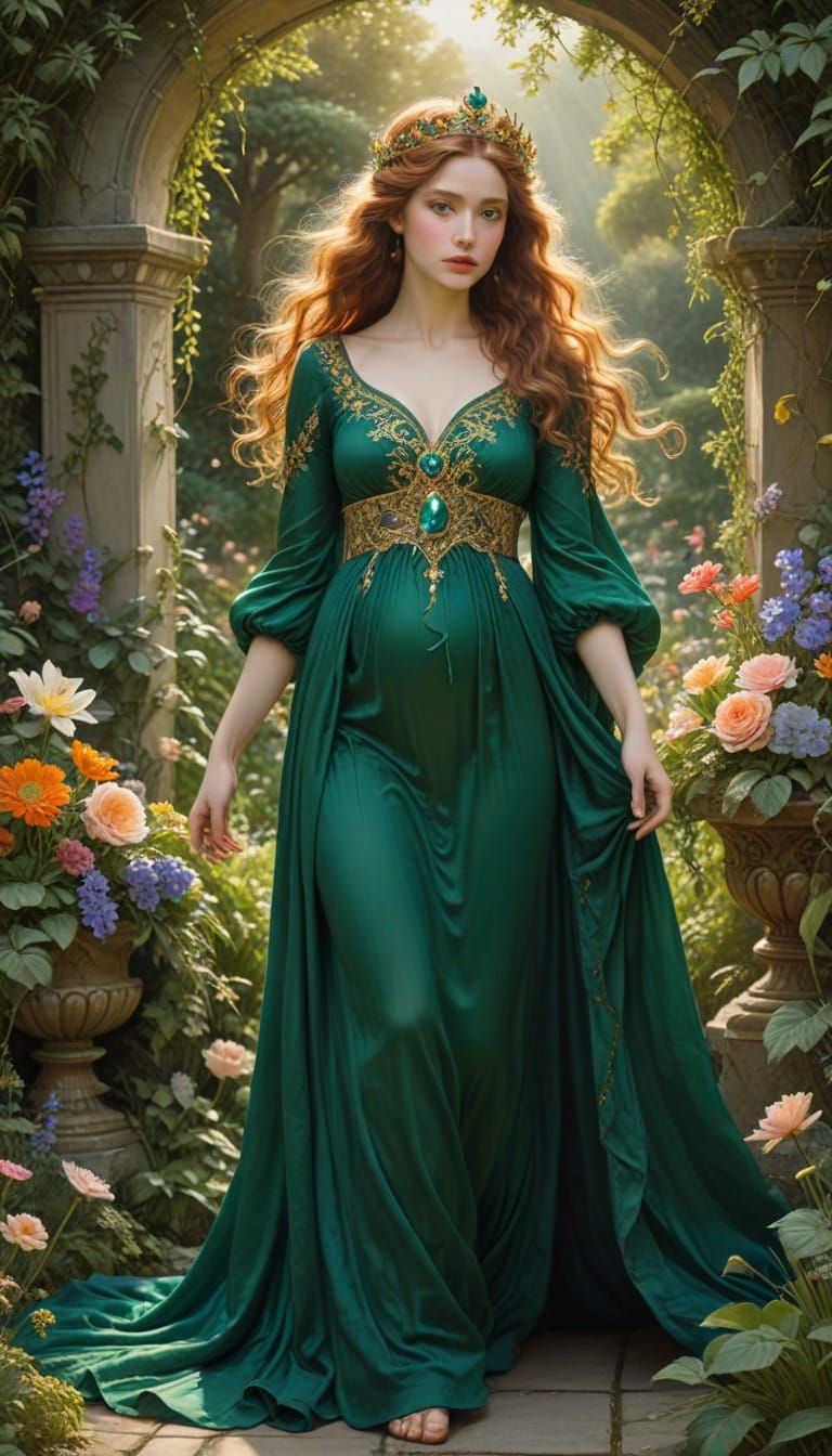 Majestic Pregnant Queen in Emerald Green Gown, Radiant Garde...