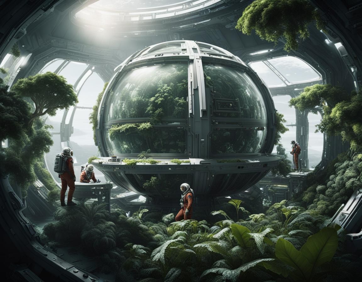 Intricate Space Habitat with Crew and Greenery