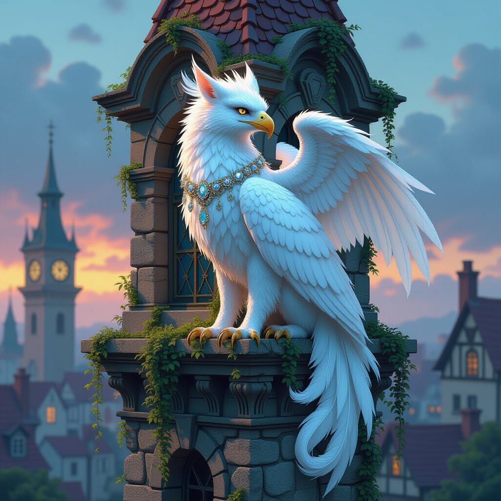 Iridescent Gryphon Perched Atop Clock Tower