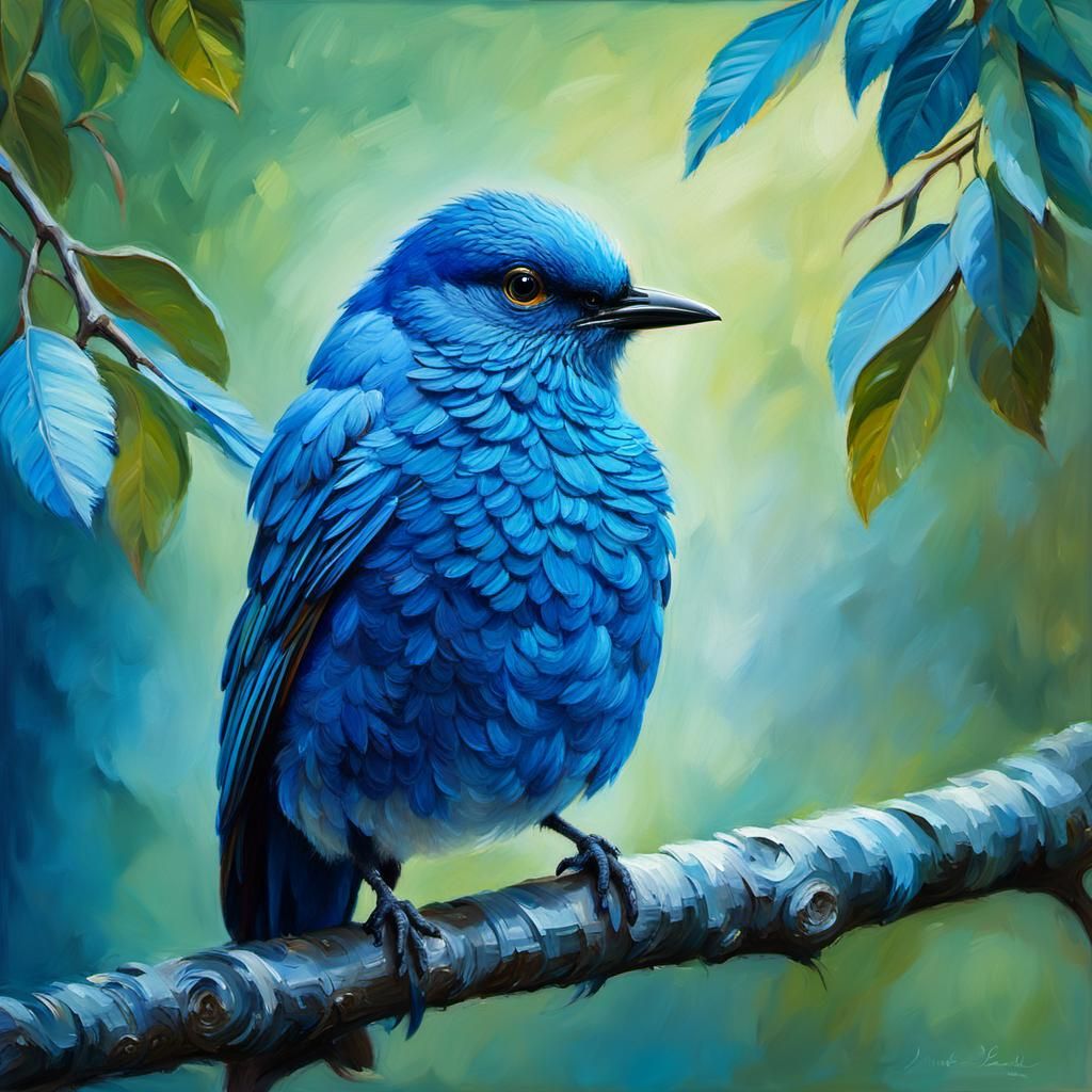Blue Bird Portrait in Impressionist Oil Painting Style