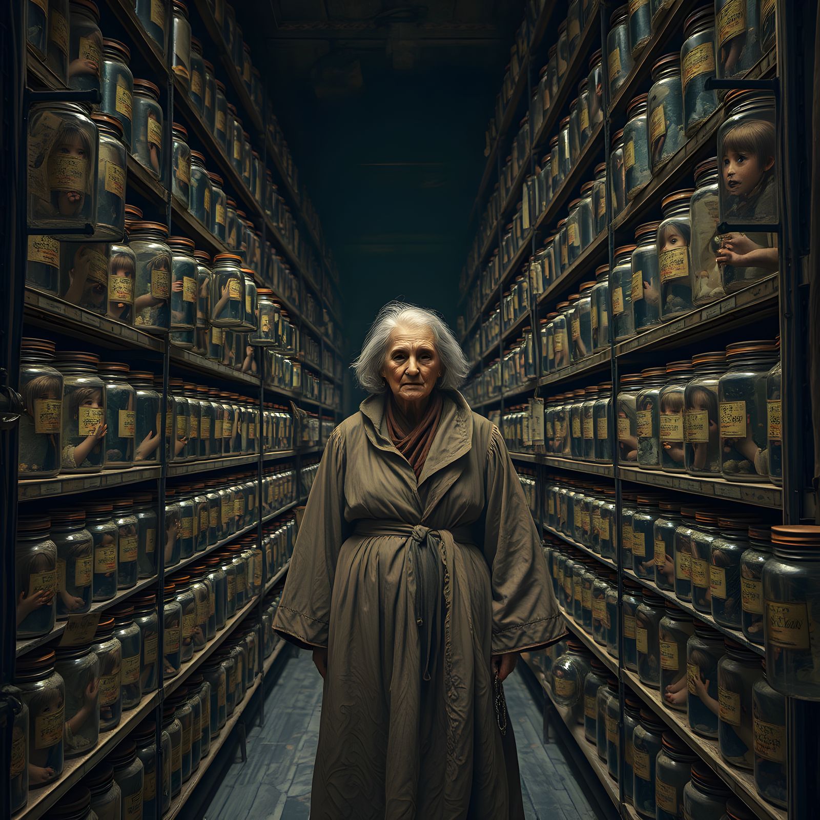 Old Woman and Jars of Trapped Girls