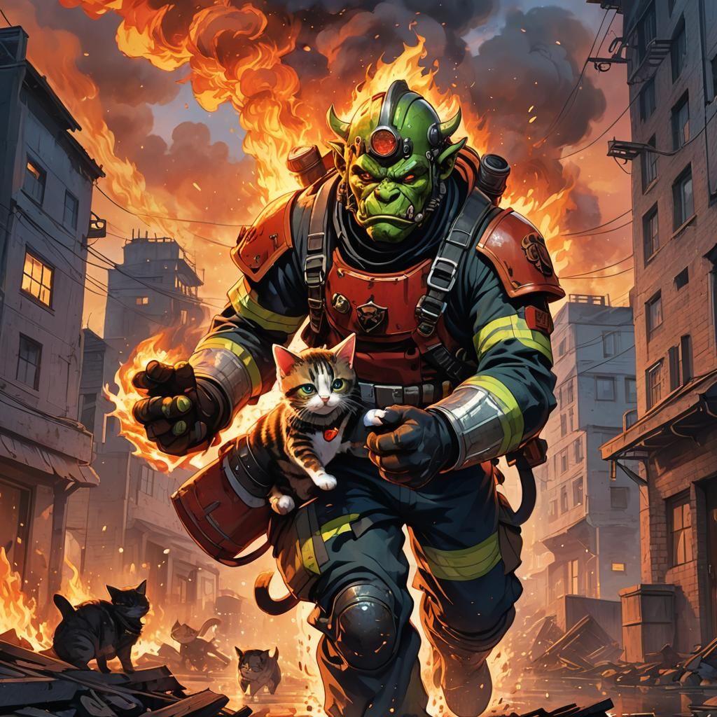 Orc Fireman Rescues Kitten in Anime Style