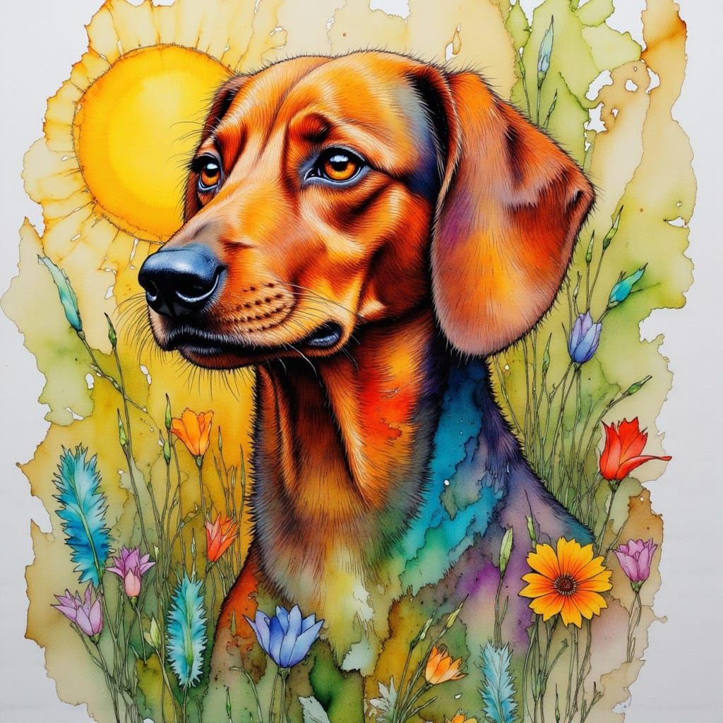 Dachshund in Spring Garden: Impressionist Alcohol Ink Art