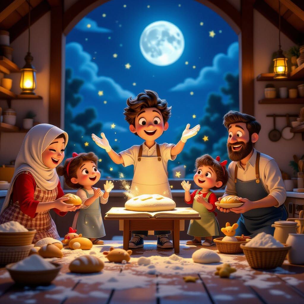 Moonlit Kitchen Baking Frenzy: A Heartwarming Pixar Scene