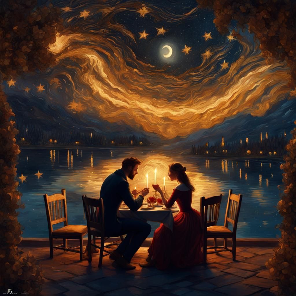 Romantic Dinner Under Starry Sky in Van Gogh Style