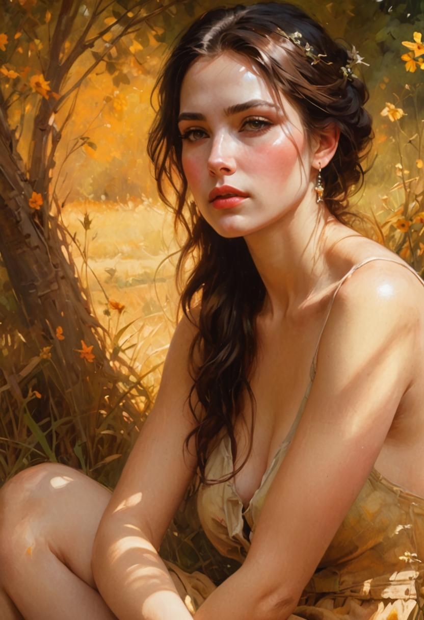 Lonely Woman Waiting in Summer Field, Oil Painting