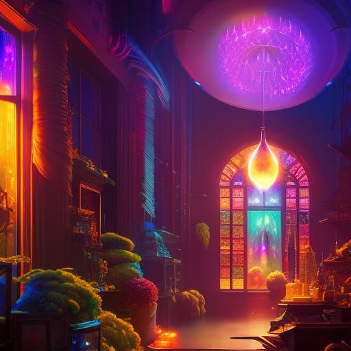 Glowing Crystals in Alchemist Shop, Dark Fantasy Concept Art