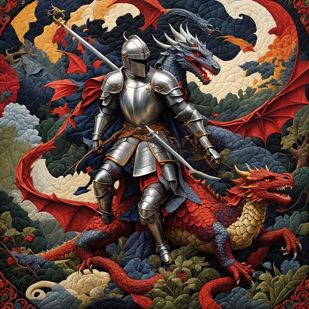 Quilted Fairytale: Knight Battling a Dragon