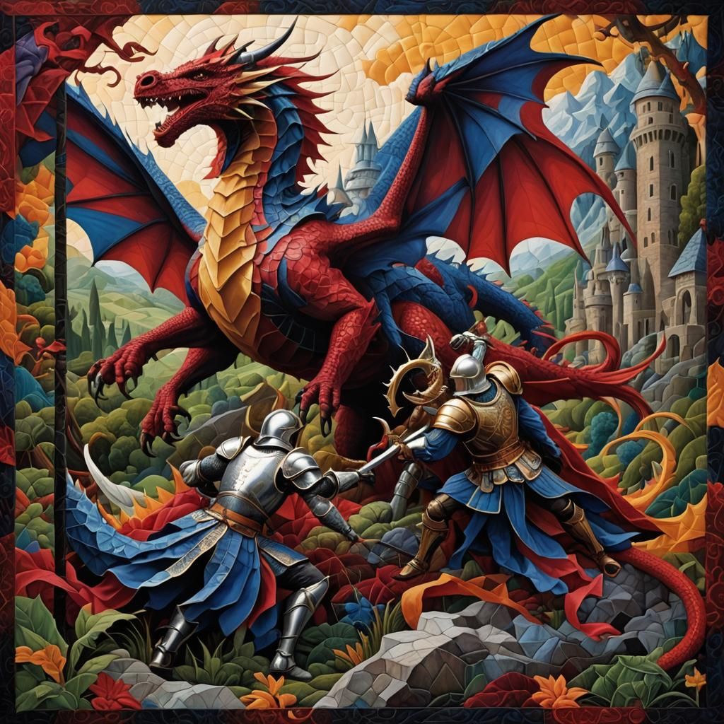 Quilted Fairytale: Knight Battling a Dragon