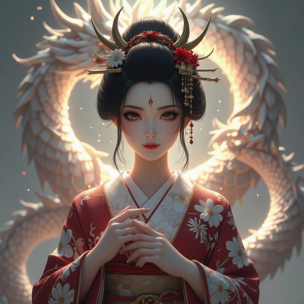 Dragon Goddess with Geisha Features in Ethereal Light, Fanta...