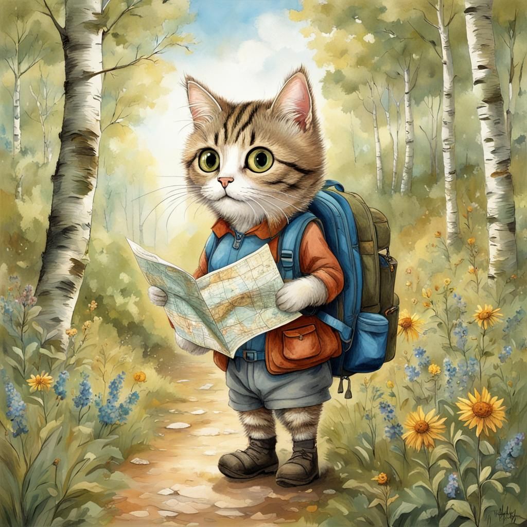 Cat's Hiking Adventure: Whimsical Magical Illustration
