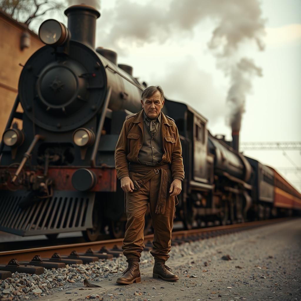 Stoic Figure Blocks Oncoming Steam Train