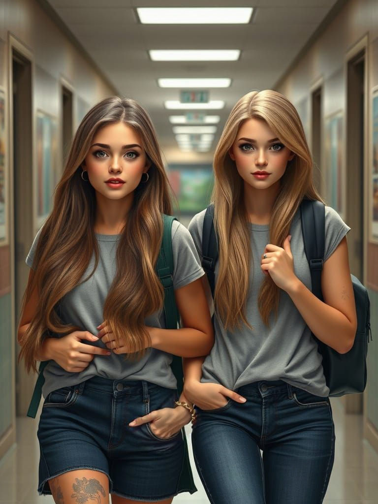 Contrasting Twins in School Hallway: Fantasy Concept Art