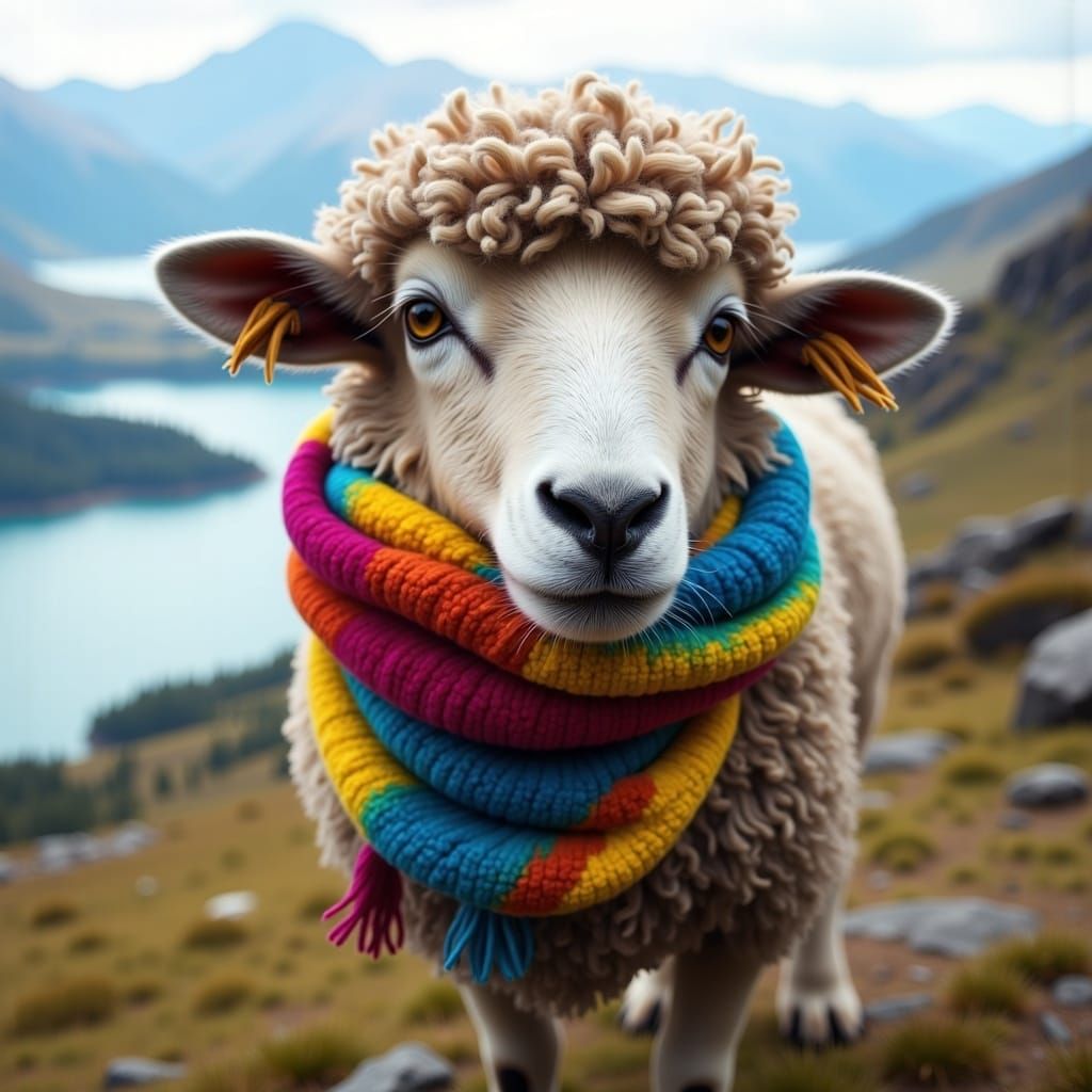 Mischievous Sheep Chewing a Colorful Scarf