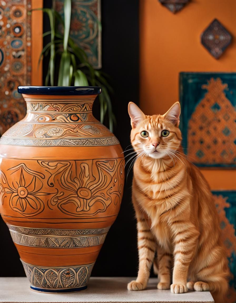 Orange Tabby Cat with Golden Indian Pottery