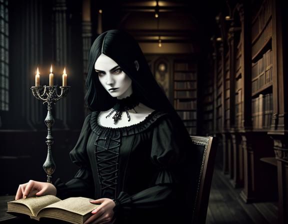Gothic Woman in Dimly Lit Library