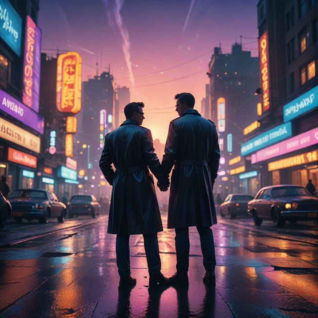 Retro-Futuristic Cityscape: Two Men Embracing in a Dreamlike...