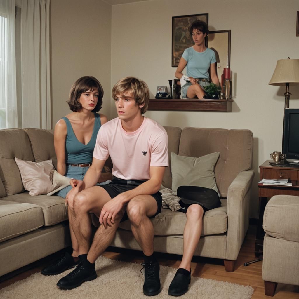 Cinematic Film Still: Cross-Dressed Teen in Living Room