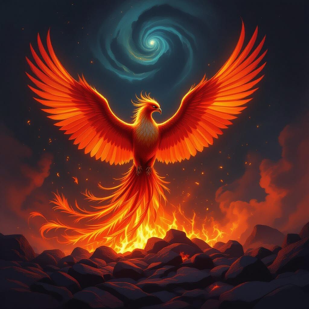 Majestic Phoenix Rises from Embers in Epic Fantasy Style