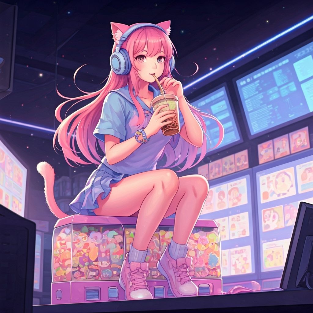 Catgirl Streamer With Pink Hair Sips Bubble Tea