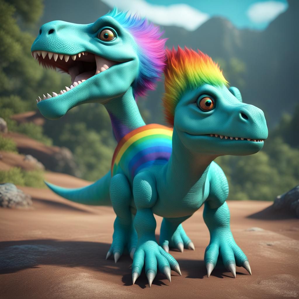Turquoise Dinosaur with Rainbow Hair, 3D Cinematic Render