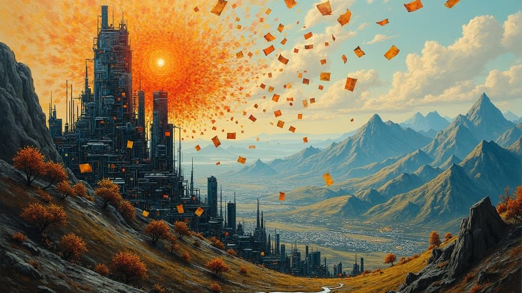 Futuristic Cityscape with Falling Papers, Impasto Painting