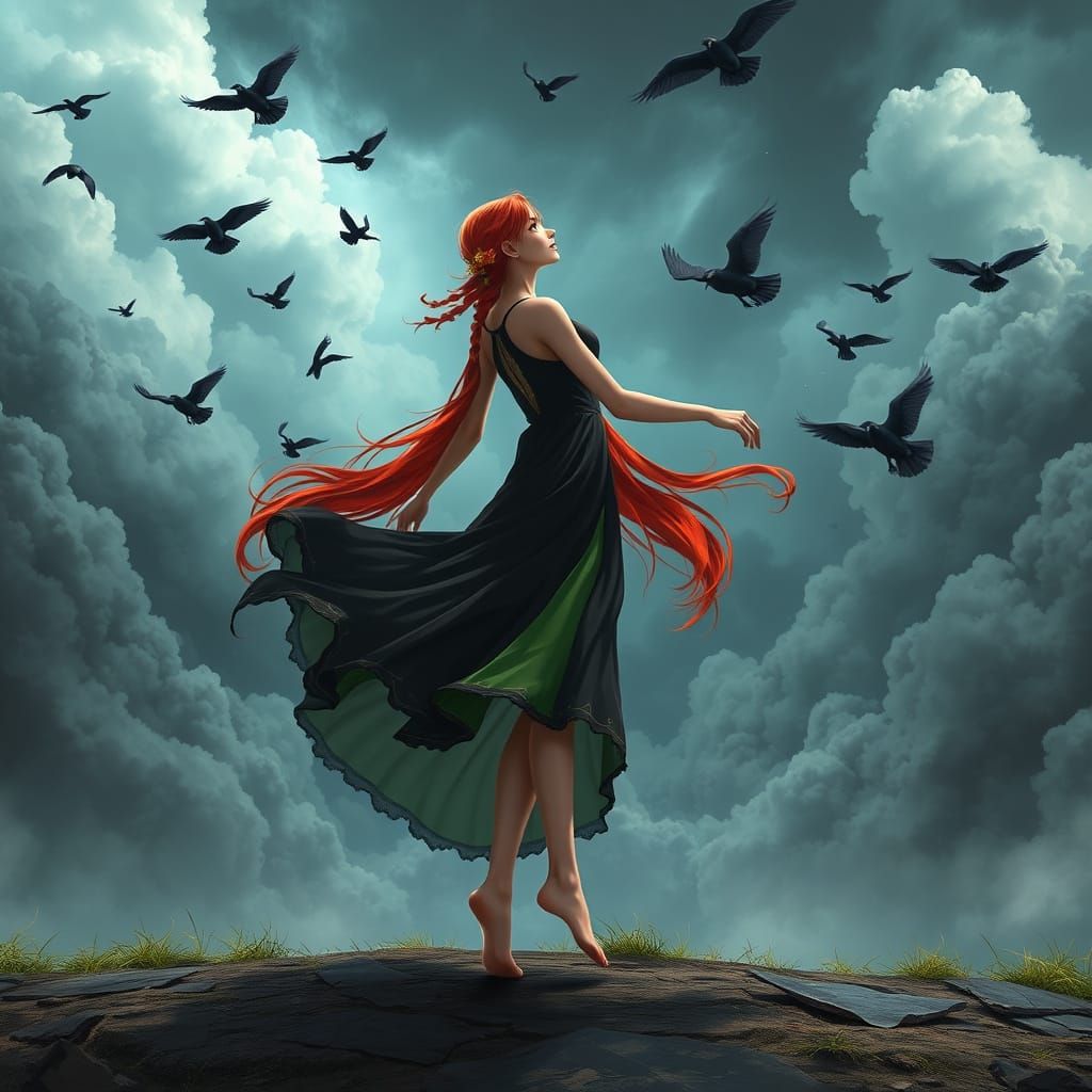 Red-Haired Fae Queen Dancing in Storm, Anime Style