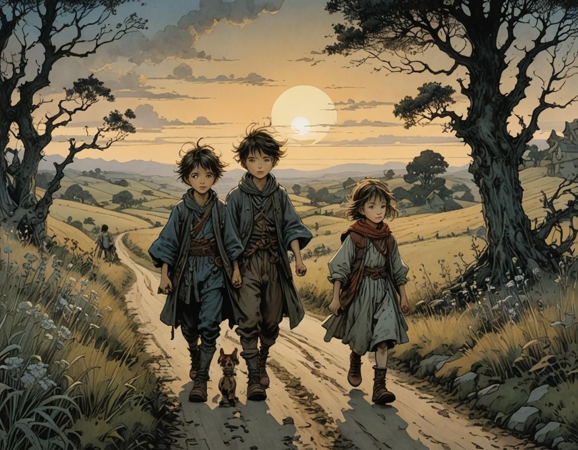 Whimsical Siblings' Dusk Road Journey in Intricately Detaile...