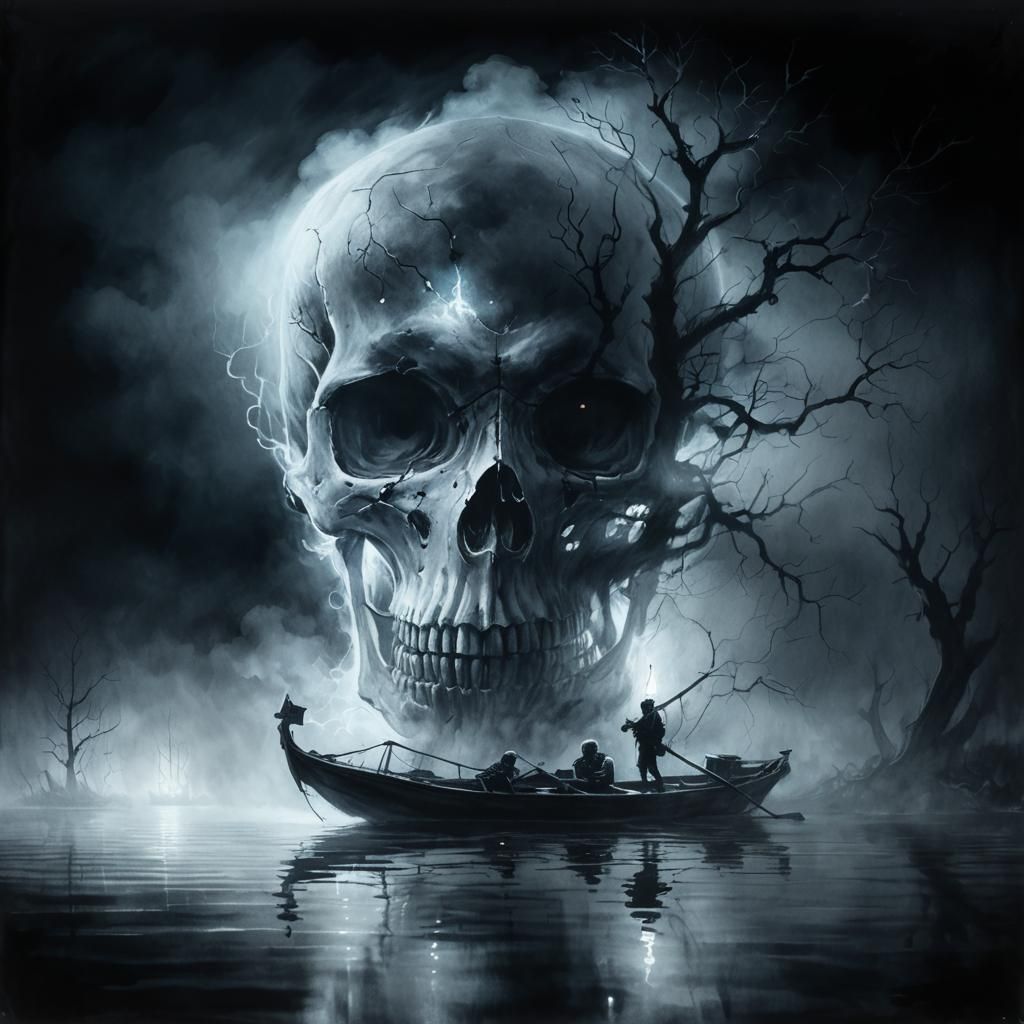 Dark Fantasy: Skull Consumes Boat in the Night