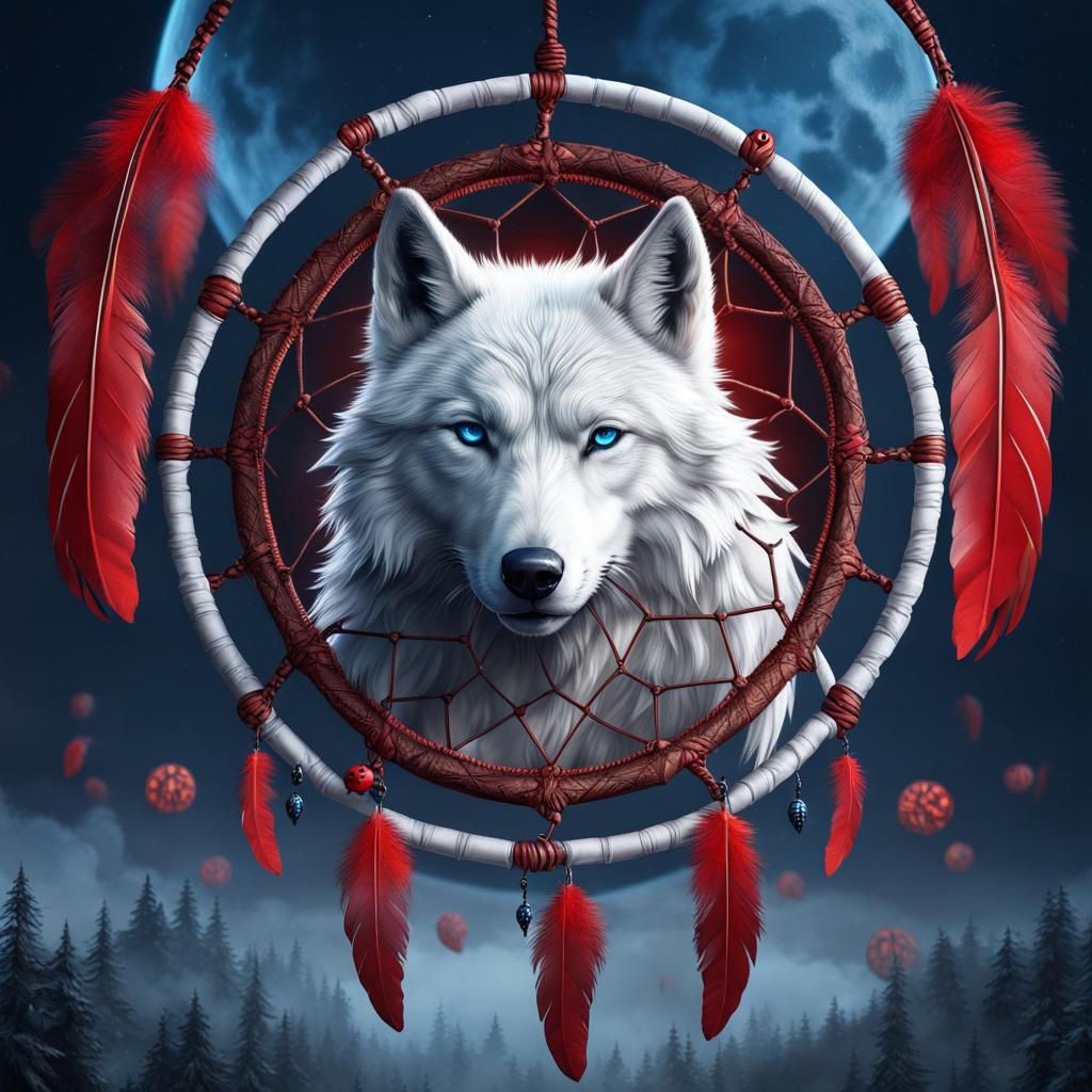 White Wolf Howling in Dream Catcher