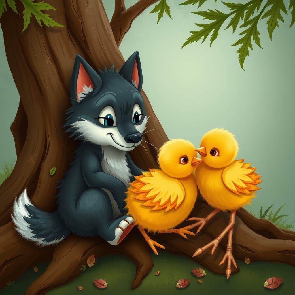 Cute Wolf Cubs Playing by a Tree Root