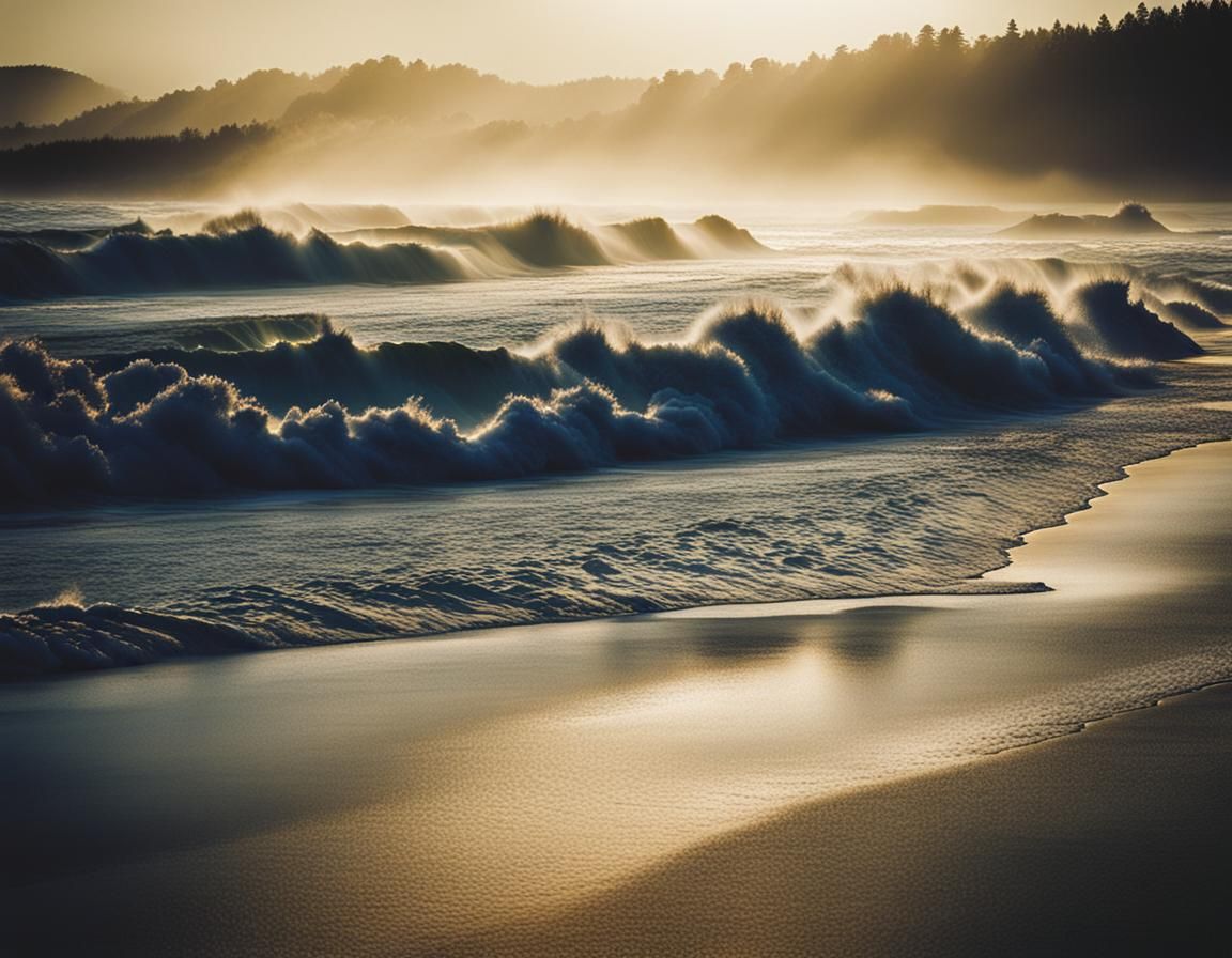 Foaming Waves Crashing at Sunset Beach