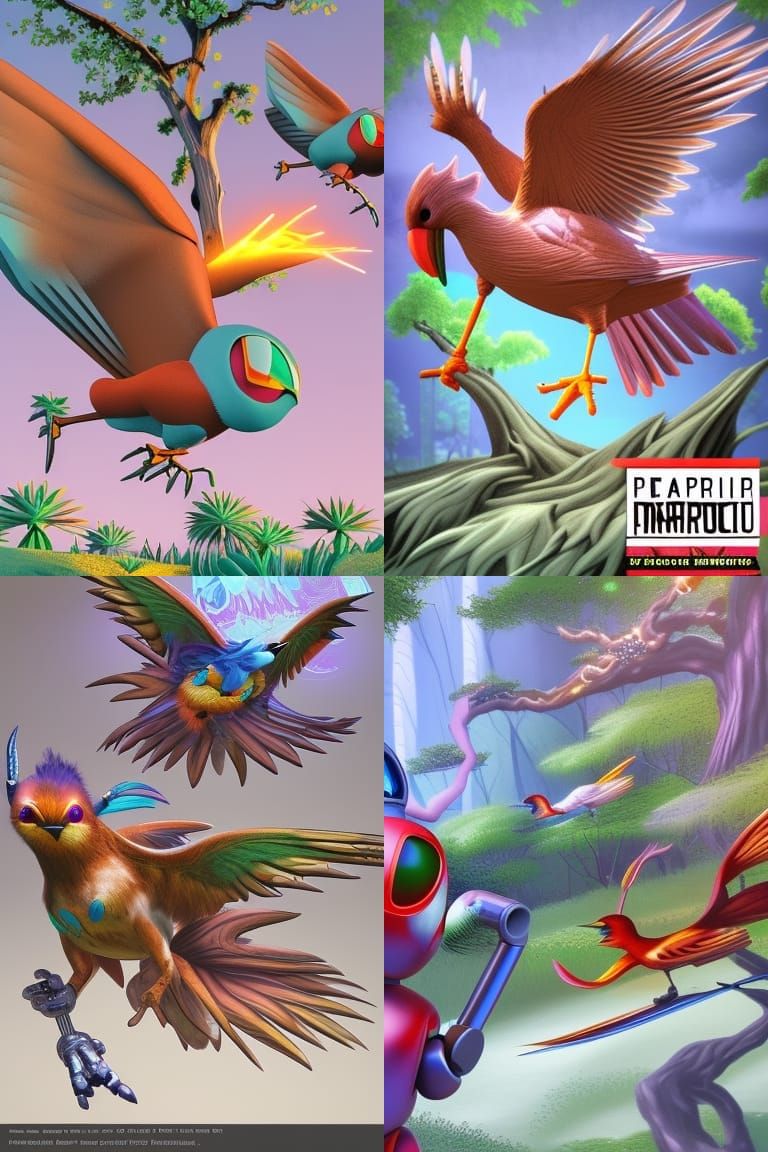 Magical Birds and Robot in Comic Book Forest