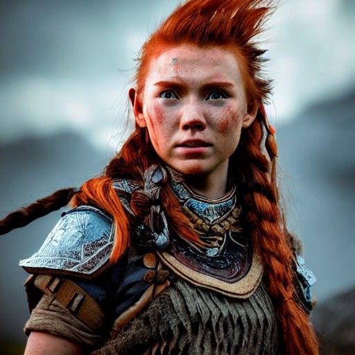 Aloy as Viking Warrior in Rainy Sunset