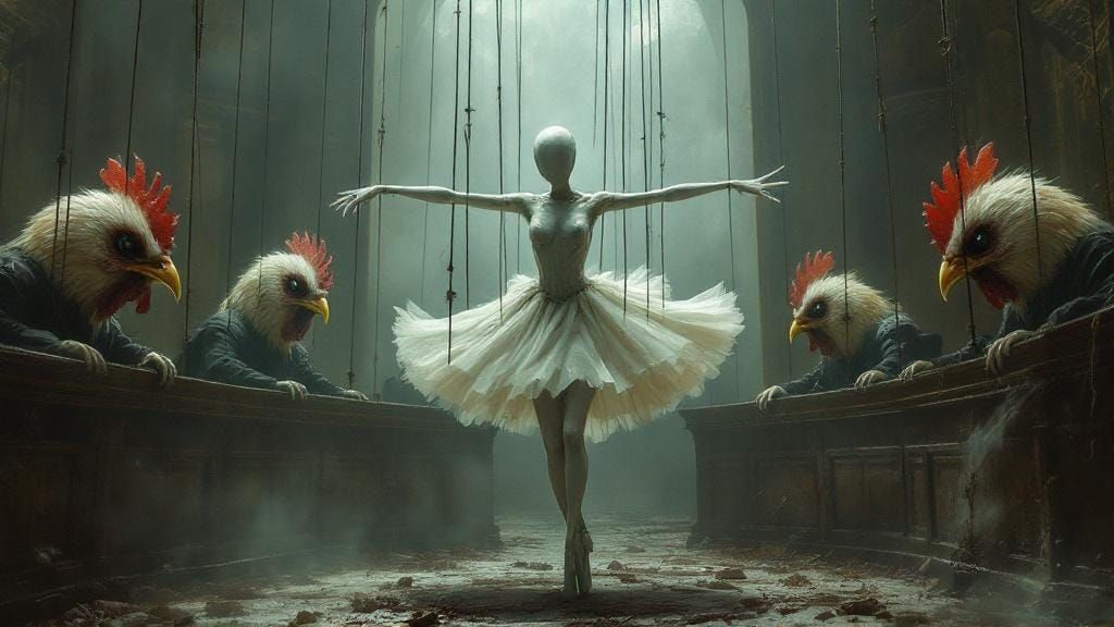 Creepy Puppet Ballerina in Courtroom, Dark Fantasy Art