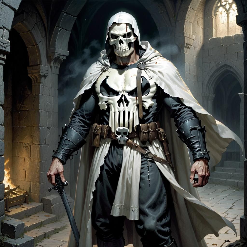 Medieval Punisher in White Cloak, Horror Art