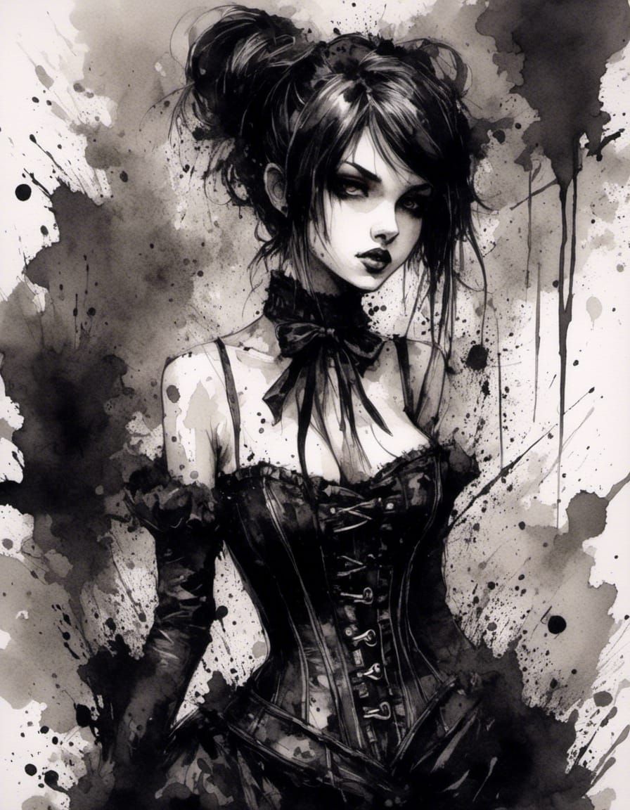 Cute Anime Goth Girl in Watercolor Ink Splatter Art