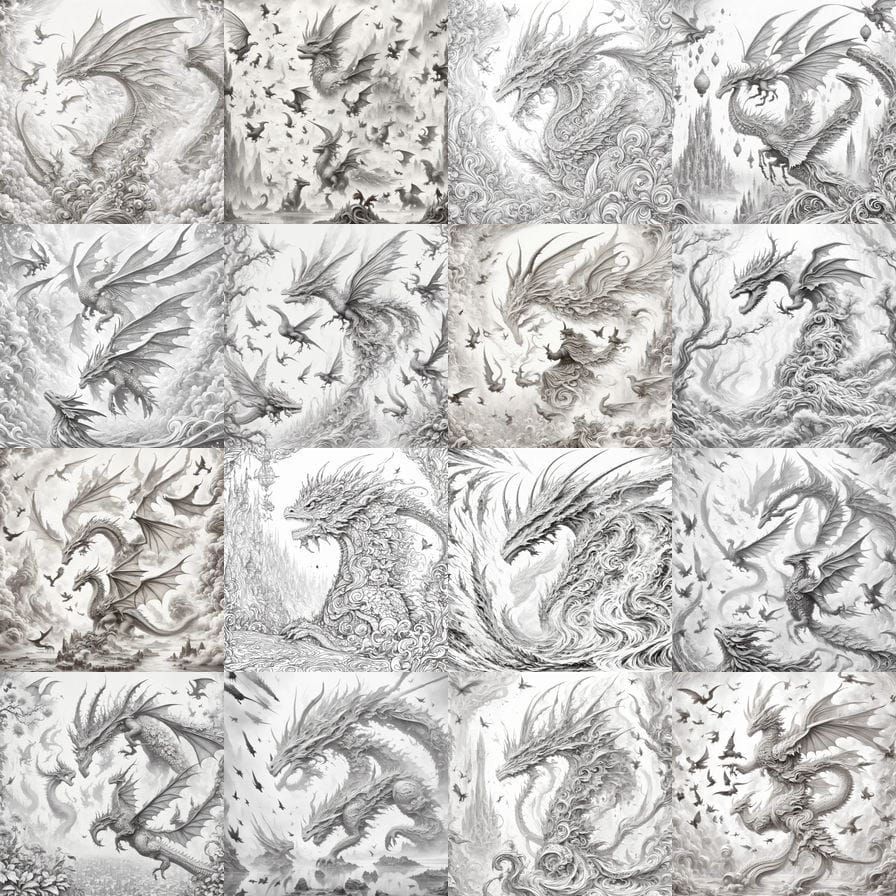 Magical Dragons in Black and White Art