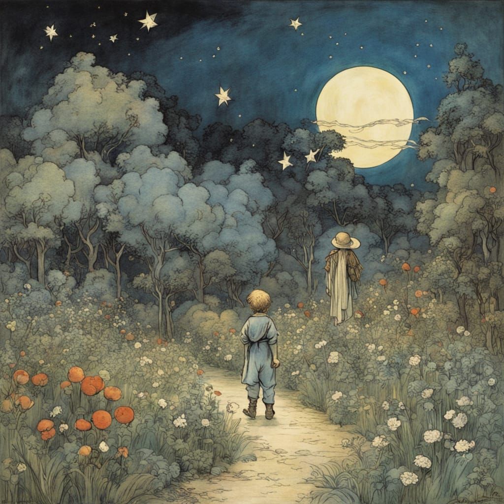 Whimsical Scarecrow Under Starry Garden Skies