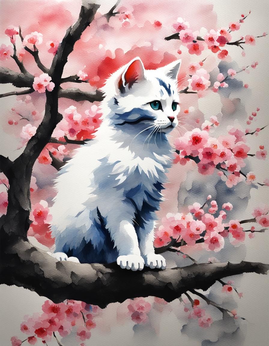 Minimalist Chinese Ink Painting of Kitten and Sakura