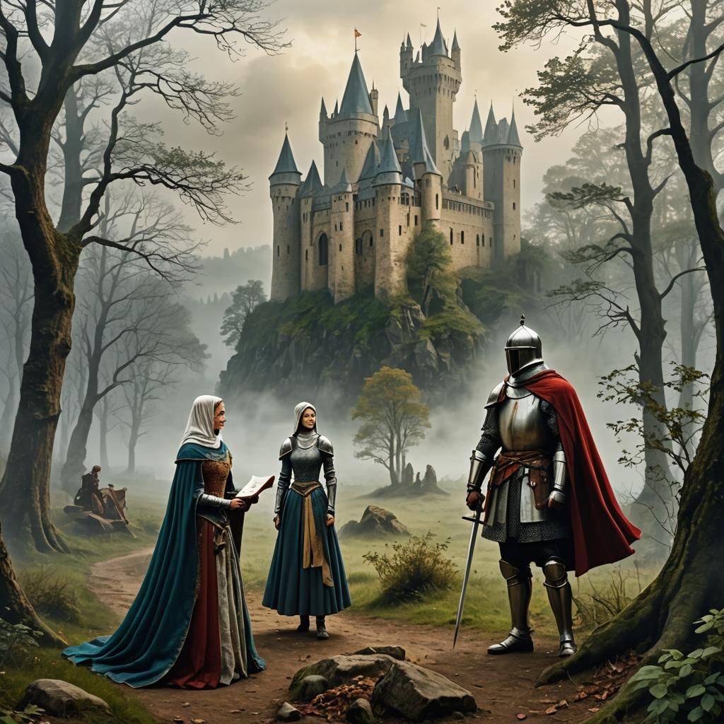 Mysterious Knight and Lady in Medieval Landscape