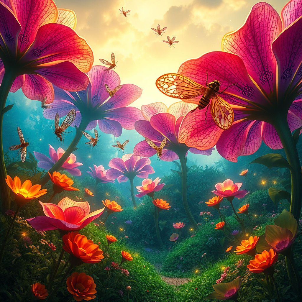 Dreamlike Garden with Luminous Flora and Fauna