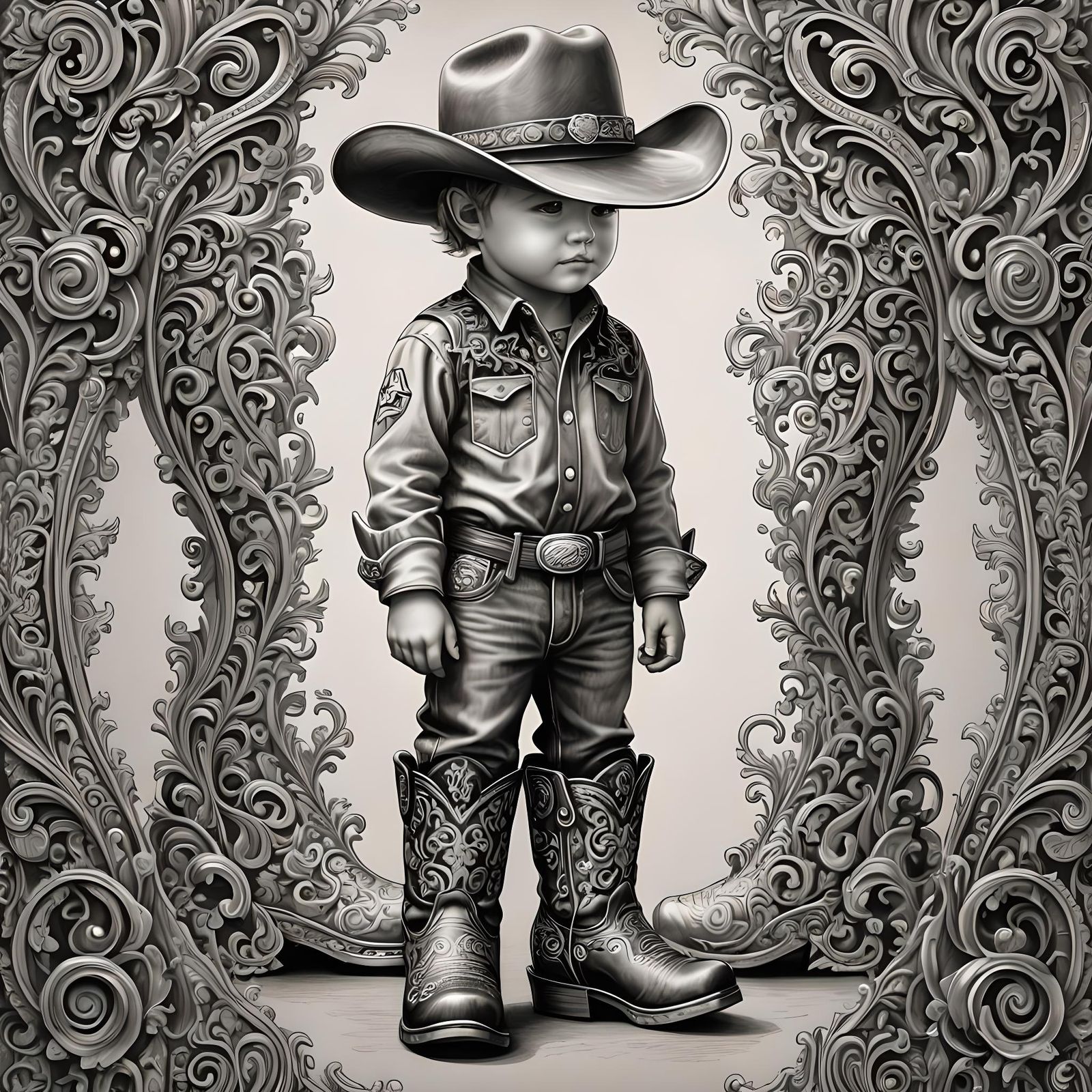 Boy in Cowboy Boots: Monochrome Intricate Drawing