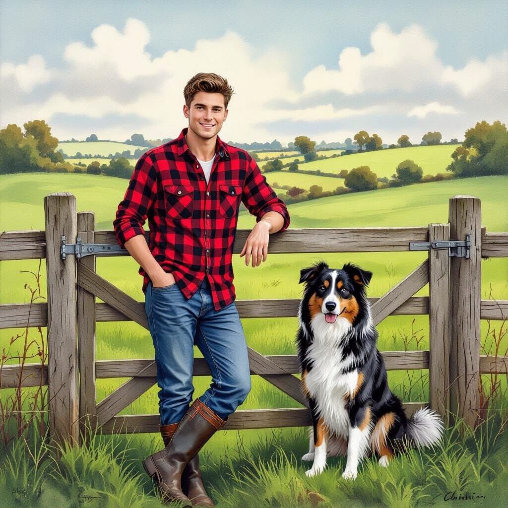 Man and Dog in Vibrant Rural Landscape
