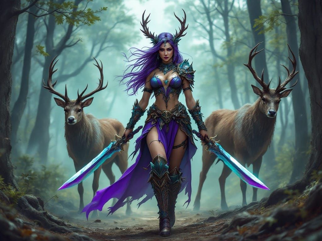 Mythical Female Warrior Surrounded by Majestic Stags in a Vi...