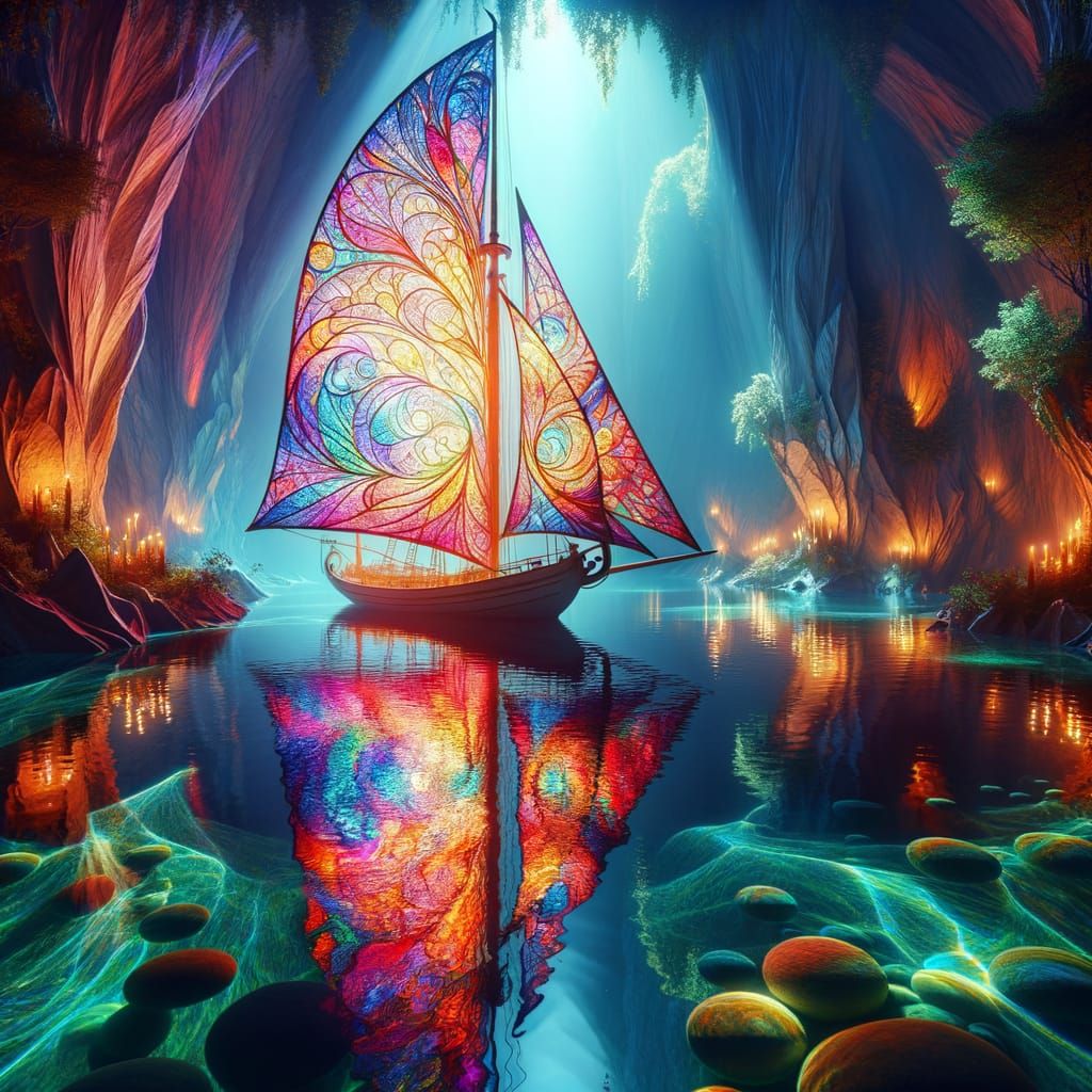 Stained Glass Sailboat in Enchanted Lagoon