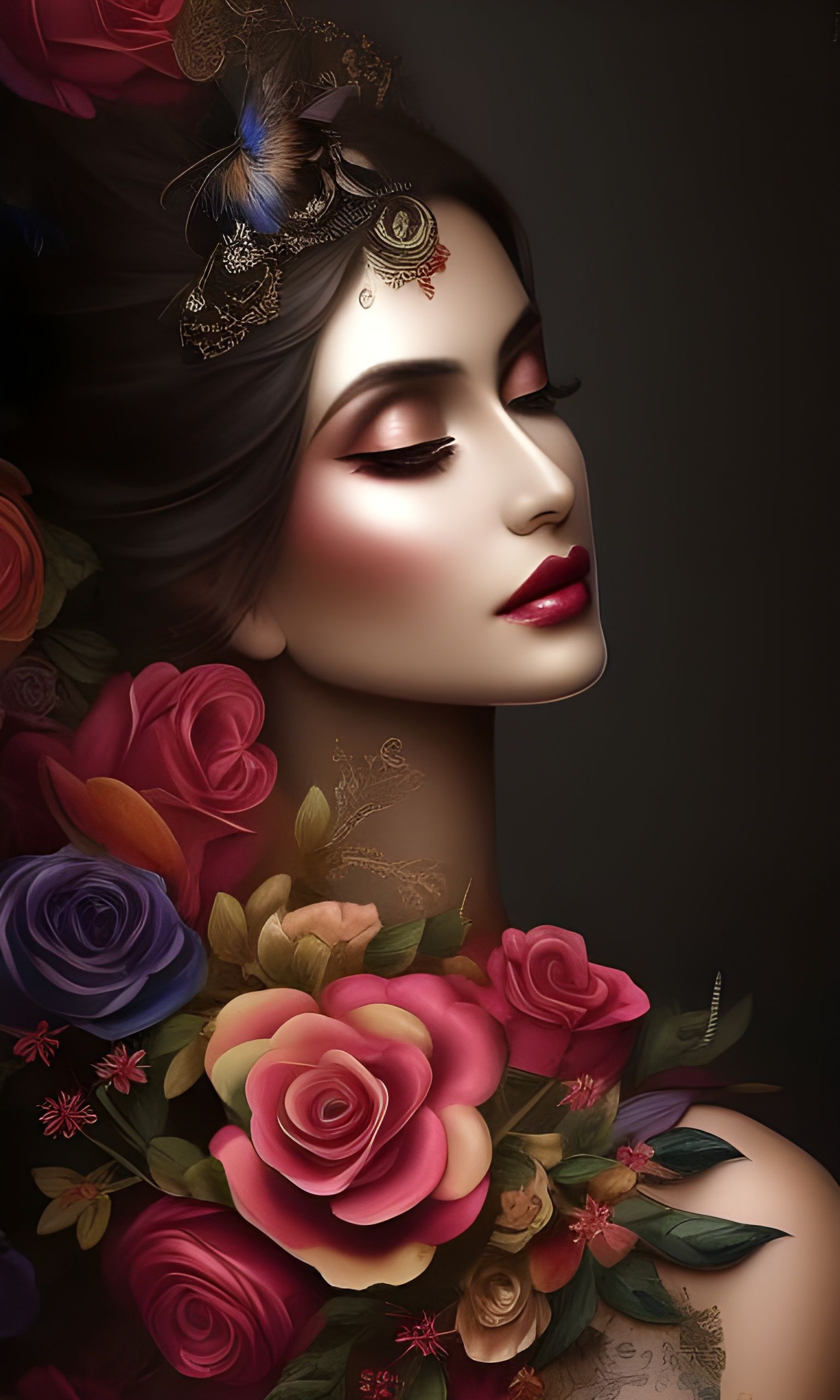 Cascading Couples in Floral Winds: Ink Illustration